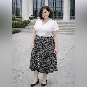 SHEIN Curve 1XL Black Floral Midi Skirt Button Front Casual Plus Size